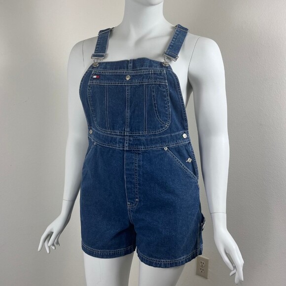 Tommy Women Size L Cotton Denim Shortall Bib Carpenter Short Jean Overalls Y2K - Picture 5 of 13